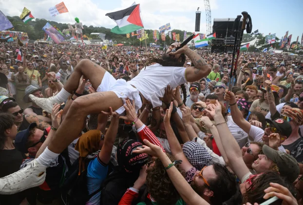Bob Vylan lead anti semitic chants Glastonbury 2025.