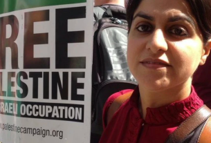 Shabana Mahmood with free Palestine sign at a protest in 2014.