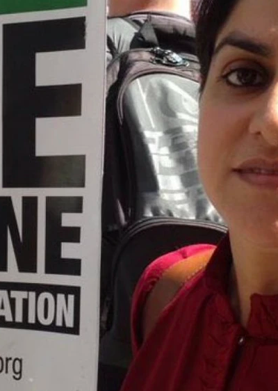 Shabana Mahmood with free Palestine sign at a protest in 2014.