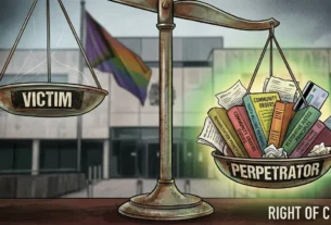 An illustration of the scales of justice in front of a UK court building, showing the "Perpetrator" side heavily weighted down with books on rehabilitation and community orders, while the "Victim" side remains empty and neglected.