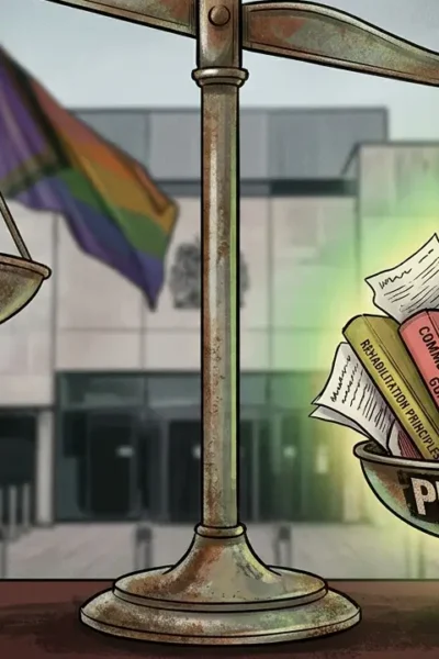 An illustration of the scales of justice in front of a UK court building, showing the "Perpetrator" side heavily weighted down with books on rehabilitation and community orders, while the "Victim" side remains empty and neglected.