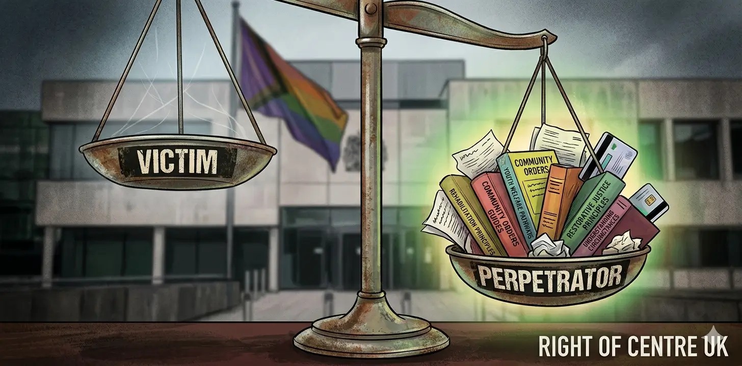 An illustration of the scales of justice in front of a UK court building, showing the "Perpetrator" side heavily weighted down with books on rehabilitation and community orders, while the "Victim" side remains empty and neglected.